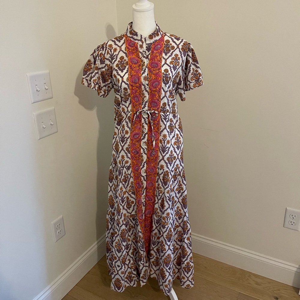 Victoria Dunn White Maxi Dress with Brown Print and Orange Trim